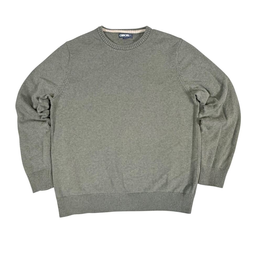 Cherokee Brand L 100% Cotton Olive Green Gray Crewneck Sweater Knit Pullover